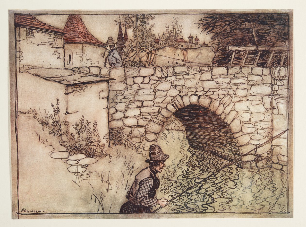 Engang var en fattig bonde ved navn Crabb, der tog et læs træ trukket af to okser til byen for salg, fra The Fairy Tales of the Brothers Grimm, pub. 1909 af Arthur Rackham