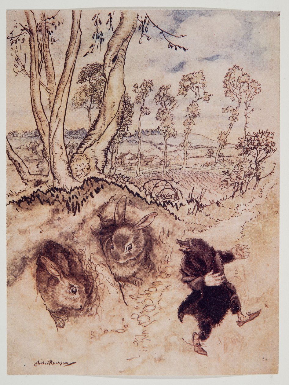 Løg-sauce! Løg-sauce! bemærkede han hånende og var væk, før de kunne komme i tanke om et svar, fra Wind in the Willows af Kenneth Grahame (1859 - 1932), pub. 1940 af Arthur Rackham