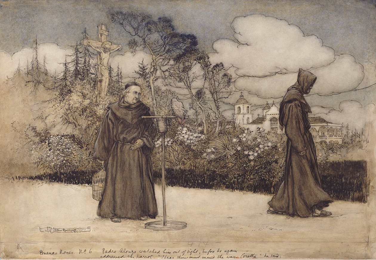 Padre Alonzo så ham ude af syne, illustration fra Good Night af Eleanor Gates, 1907 (pen og blæk & wc på papir) af Arthur Rackham