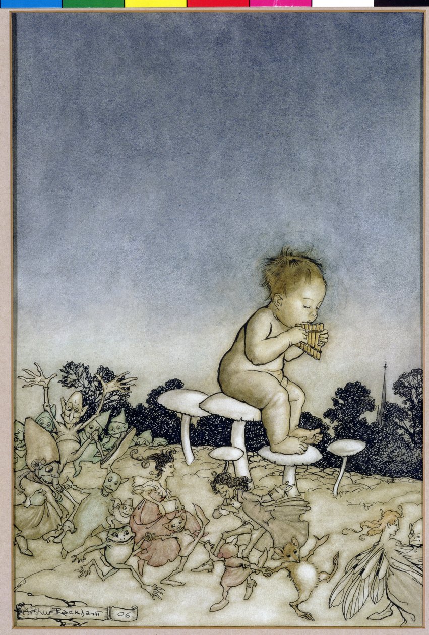Peter Pan er Fairies Orchestra, illustration fra Peter Pan i Kensington Gardens, af J.M. Barrie, 1806 (pen og blæk & wc på papir) af Arthur Rackham