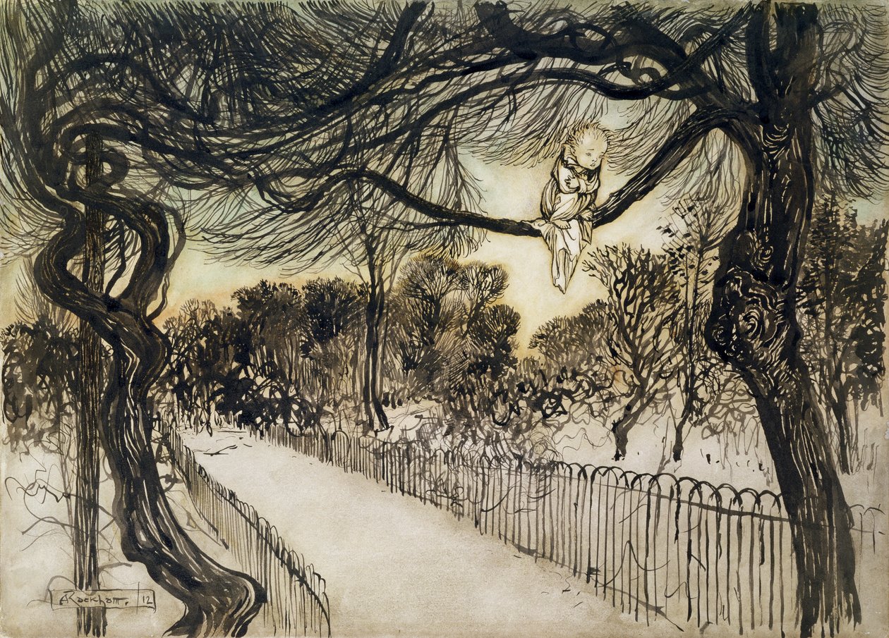 Peter Pan on a Branch, scene fra Peter Pan i Kensington Gardens af J.M Barrie, 1912 (pen og blæk og wc) af Arthur Rackham