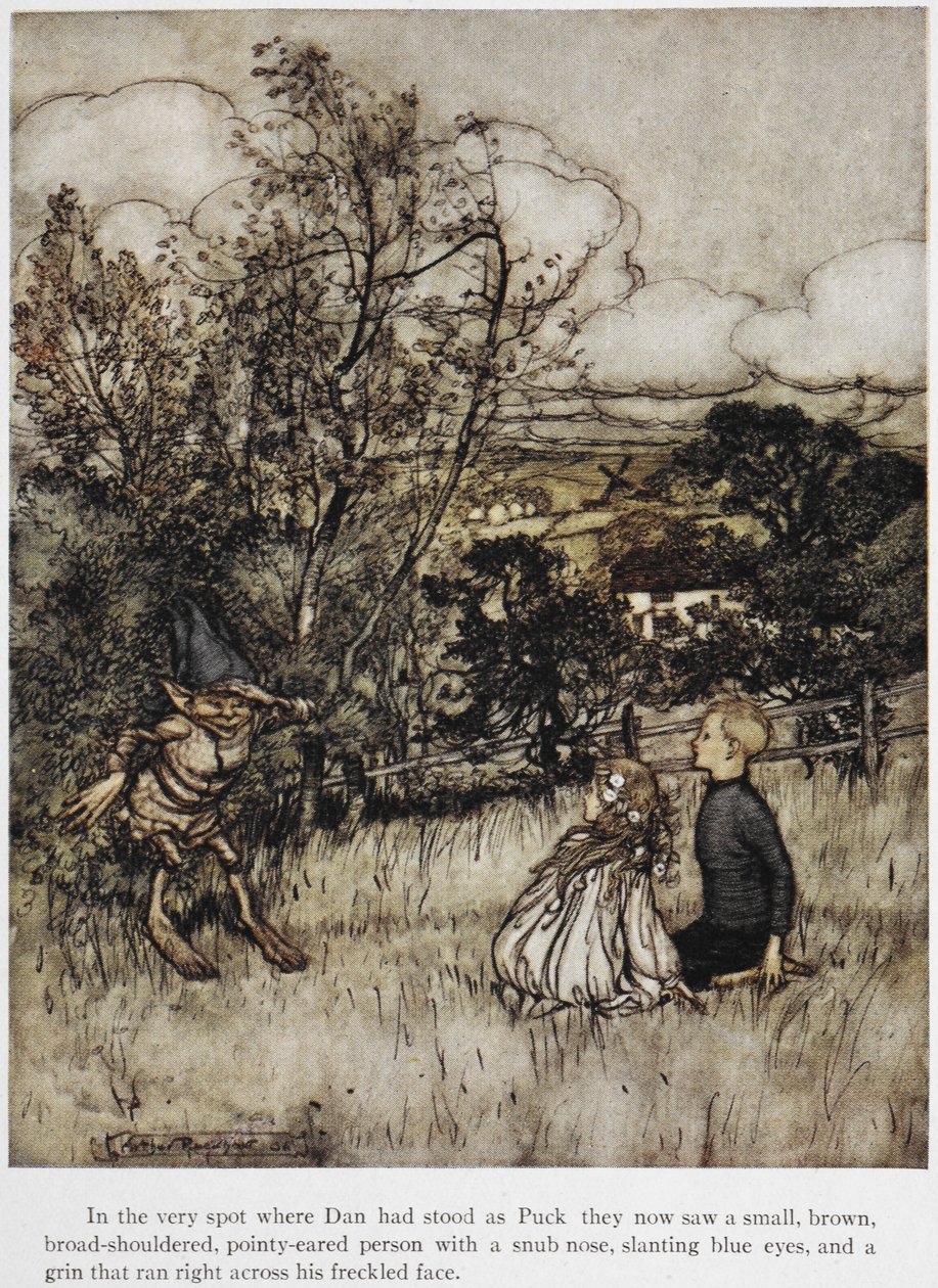 Puck dukker op for Dan og Una. En historie, der foregår i Sussex hills. af Arthur Rackham