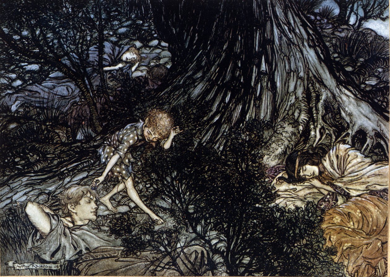 Puck sætter et magisk filter på øjenlågene af sovende karakterer. Illustration af Arthur RACKHAM (1867-1939) til Drømmen om en sommernat af William SHAKESPEARE af Arthur Rackham