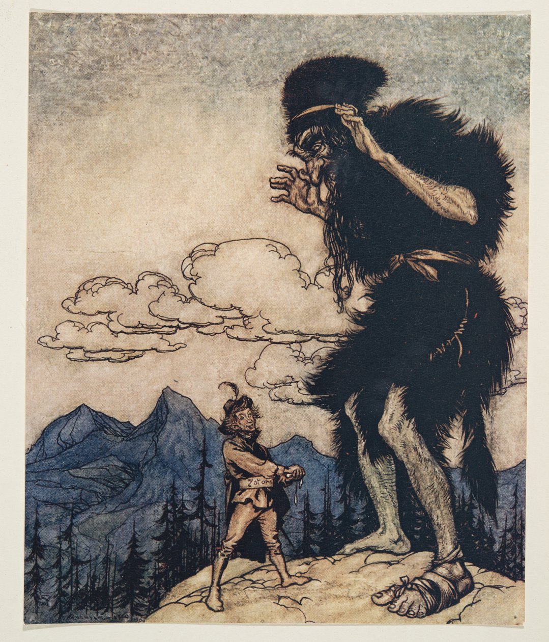 Han trak stykket blød ost op af lommen og klemte det, indtil fugten løb ud ..fra The Fairy Tales of the Brothers Grimm, pub. 1909 af Arthur Rackham