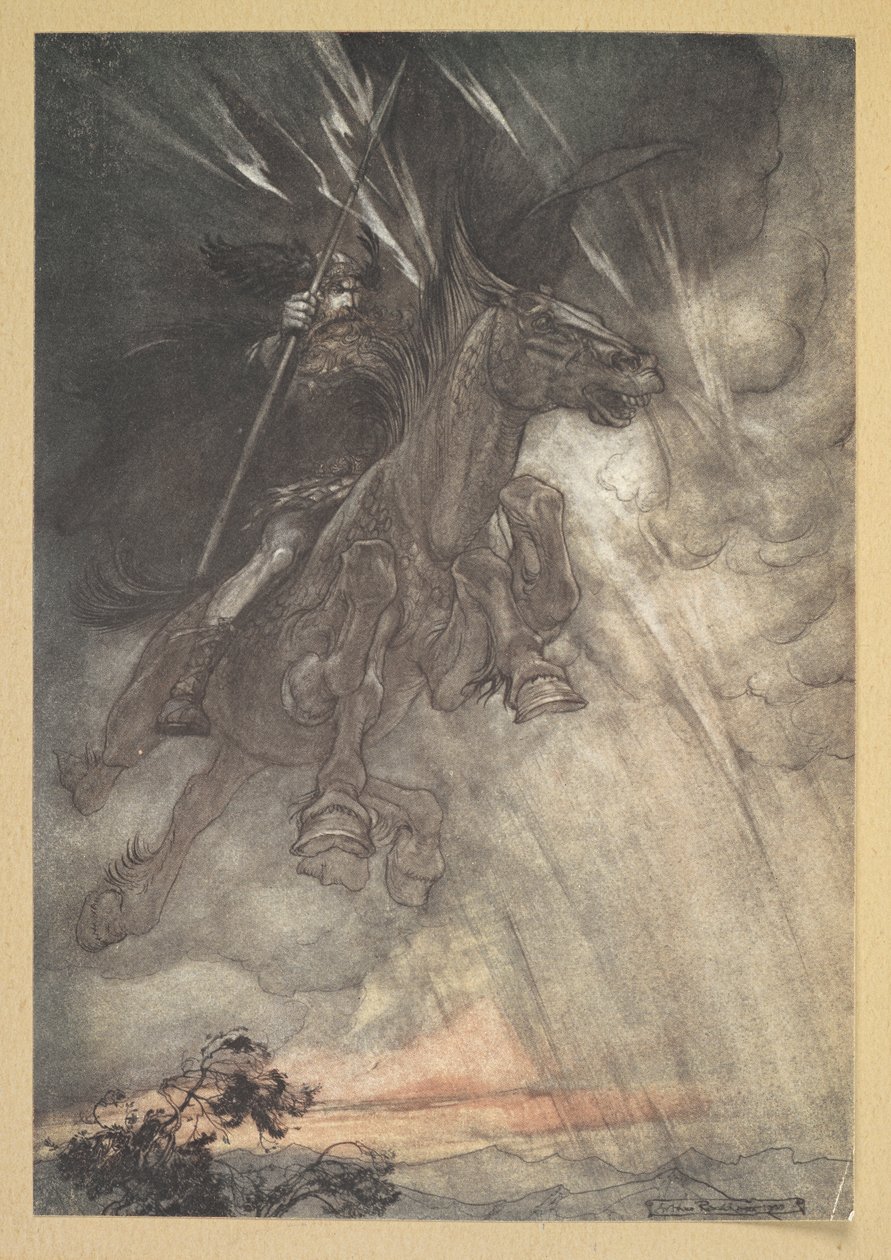 "Raging, Wotan rider til Klippen! Som en stormvind kommer han!" af Arthur Rackham