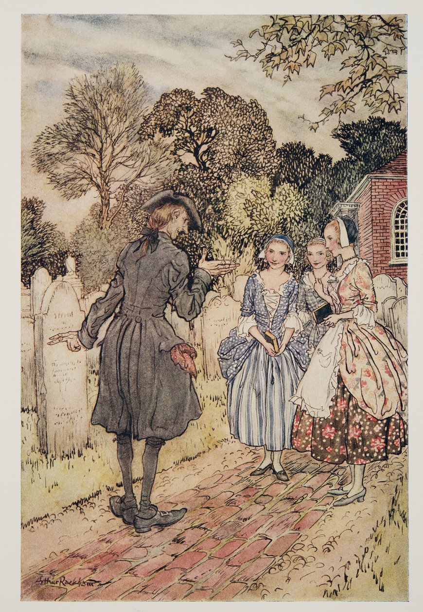 Reciterer for deres morskab alle epitafier på gravstenene.., fra The Legend of Sleepy Hollow af Washington Irving (1783 - 1859), pub. 1928 af Arthur Rackham