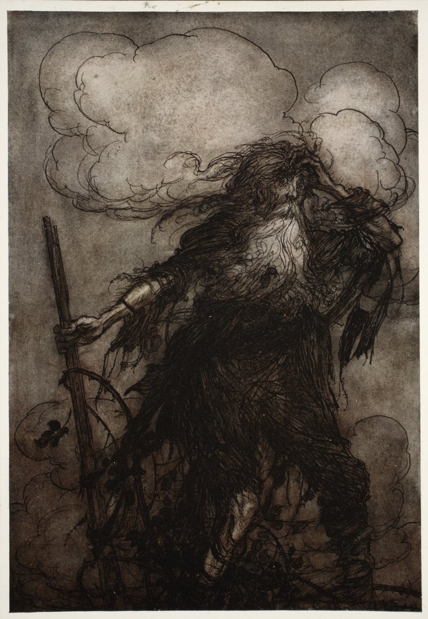 Rip vågner op. Jeg har vel ikke sovet her hele natten?Åh, den flaske! Den onde flaske! Hvilken undskyldning skal jeg give Dame Van Winkle? fra Rip Van Winkle af Washington Irving, pub. 1910 af Arthur Rackham