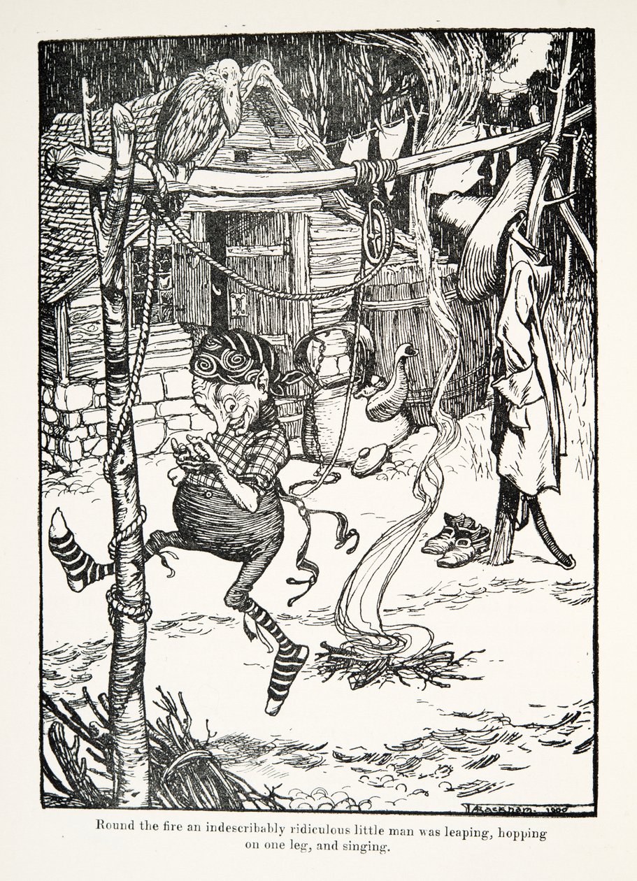 Rundt om bålet sprang en ubeskriveligt latterlig lille mand, hoppede på et ben og sang, fra The Fairy Tales of the Brothers Grimm, pub. 1909 af Arthur Rackham