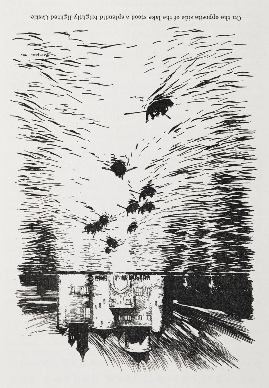 Robåde på en flod nærmer sig et slot om natten. af Arthur Rackham
