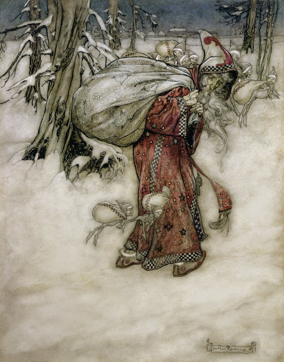 Julemanden, illustration fra Arthur Rackhams Billedbog, 1907, udgivet 1913 (pen, blæk & wc på papir) af Arthur Rackham