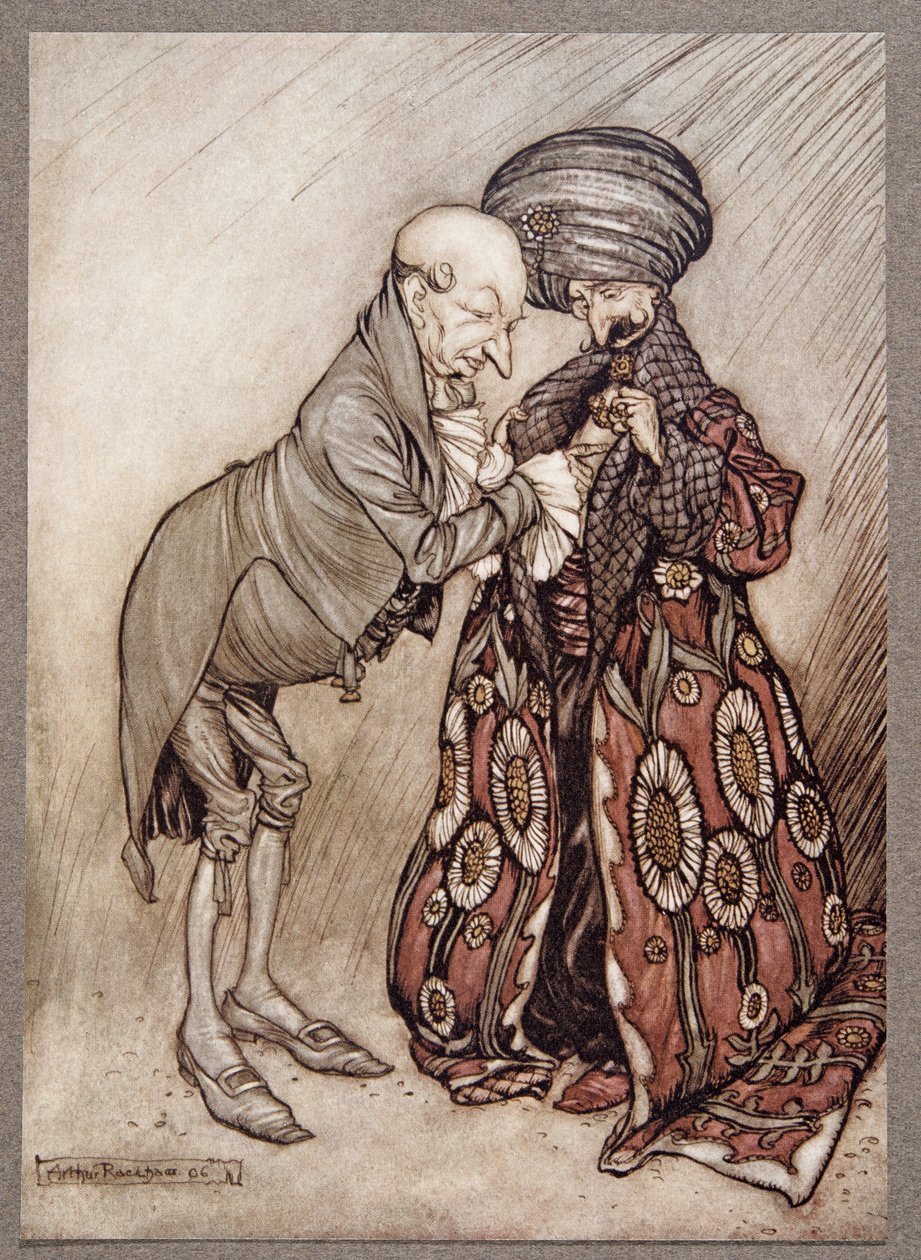 Skud hans skaldede hoved og mumlede, Cold, quite cold, fra Peter Pan i Kensington Gardens af J M Barrie (1860 - 1937), pub. 1906 af Arthur Rackham