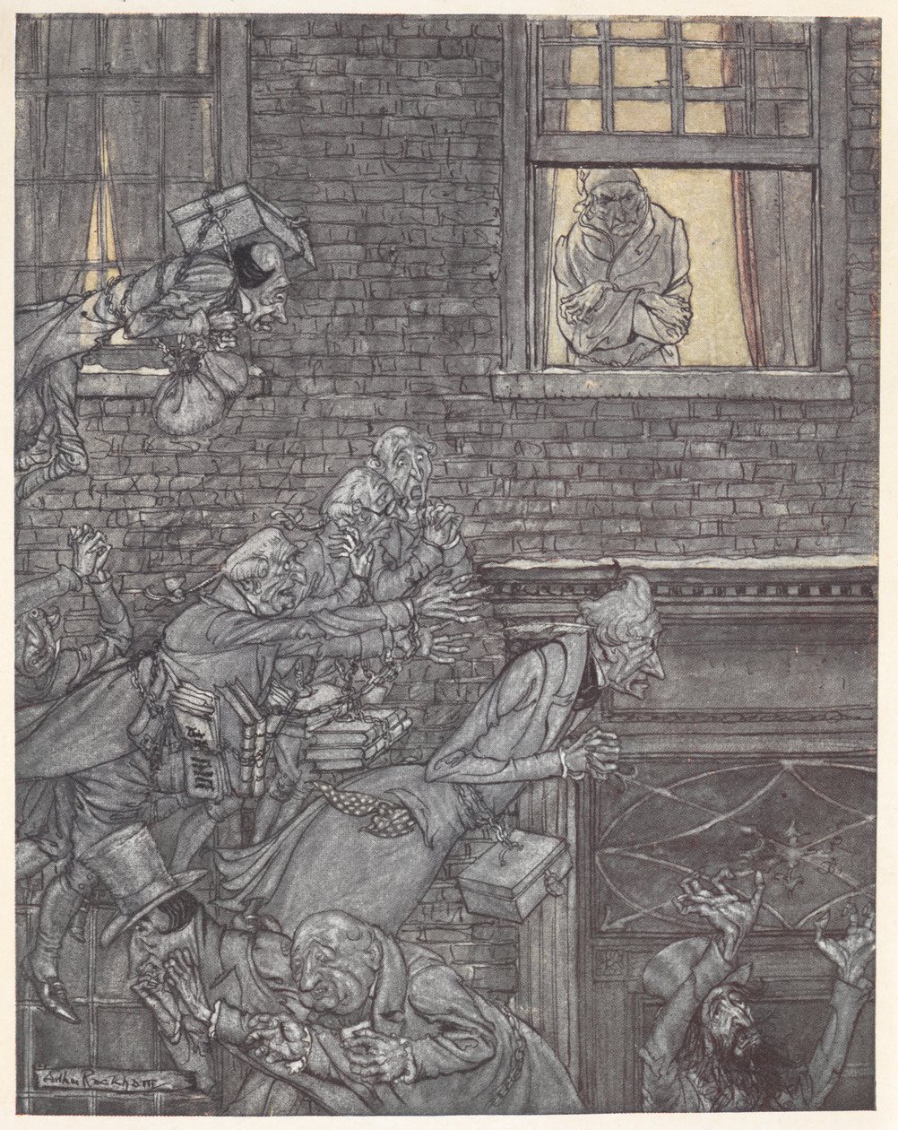 Joakim ved sit vindue og ser spøgelser på gaden nedenfor af Arthur Rackham