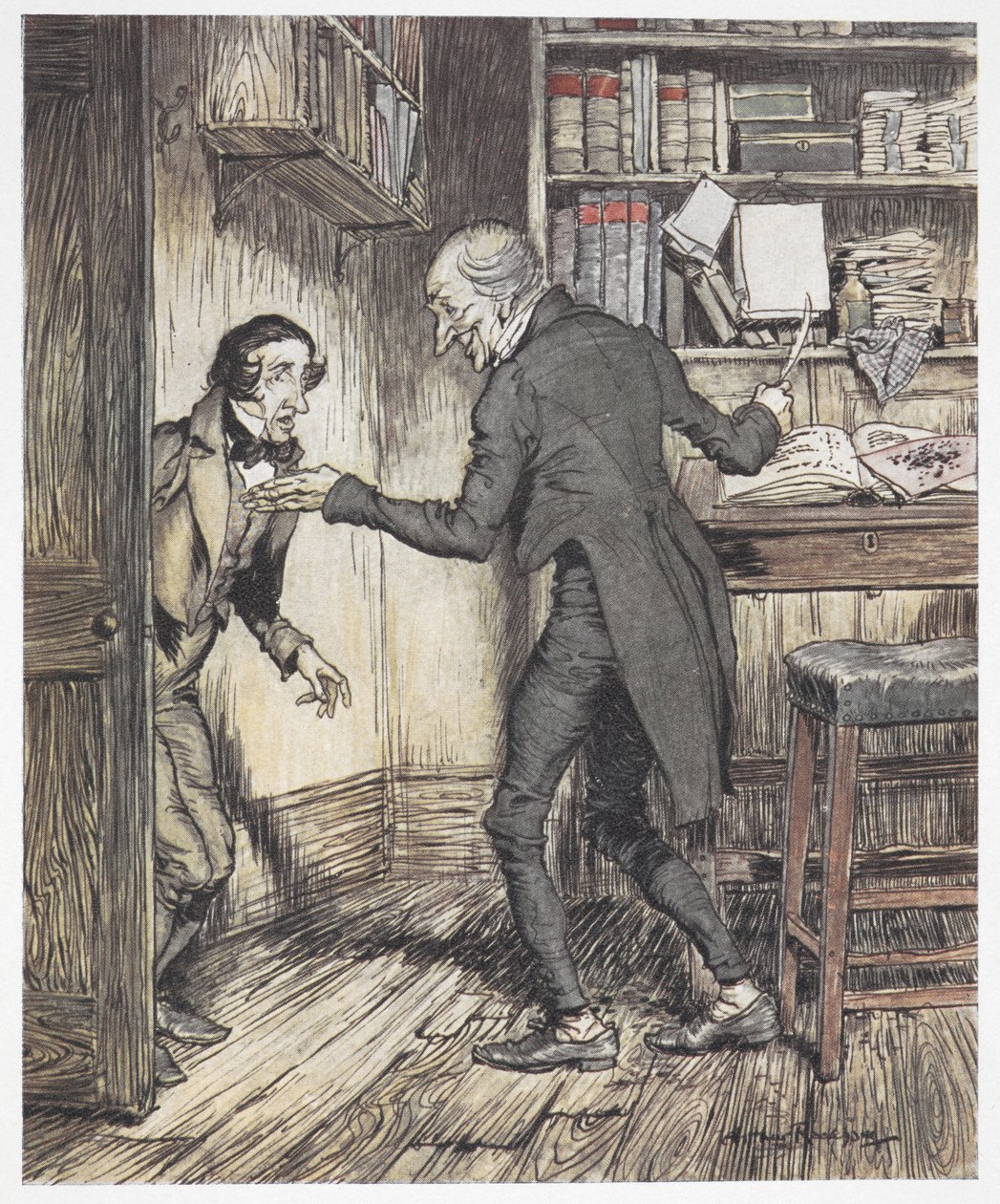 Joakim skriver på sit kontor, da en anden mand kommer ind af Arthur Rackham