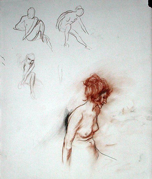 Siddende nøgen (pen, blæk, sangvinsk og sort kridt på papir) af Arthur Rackham