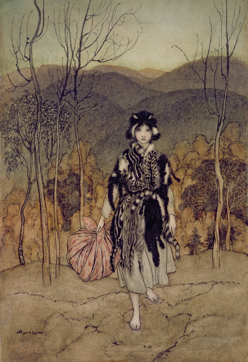 She Went Along, and Went Along, and Went Along Catskin, illustration fra English Fairy Tales, genfortalt af F.A Steel, 1918 (pen og blæk, wc) af Arthur Rackham