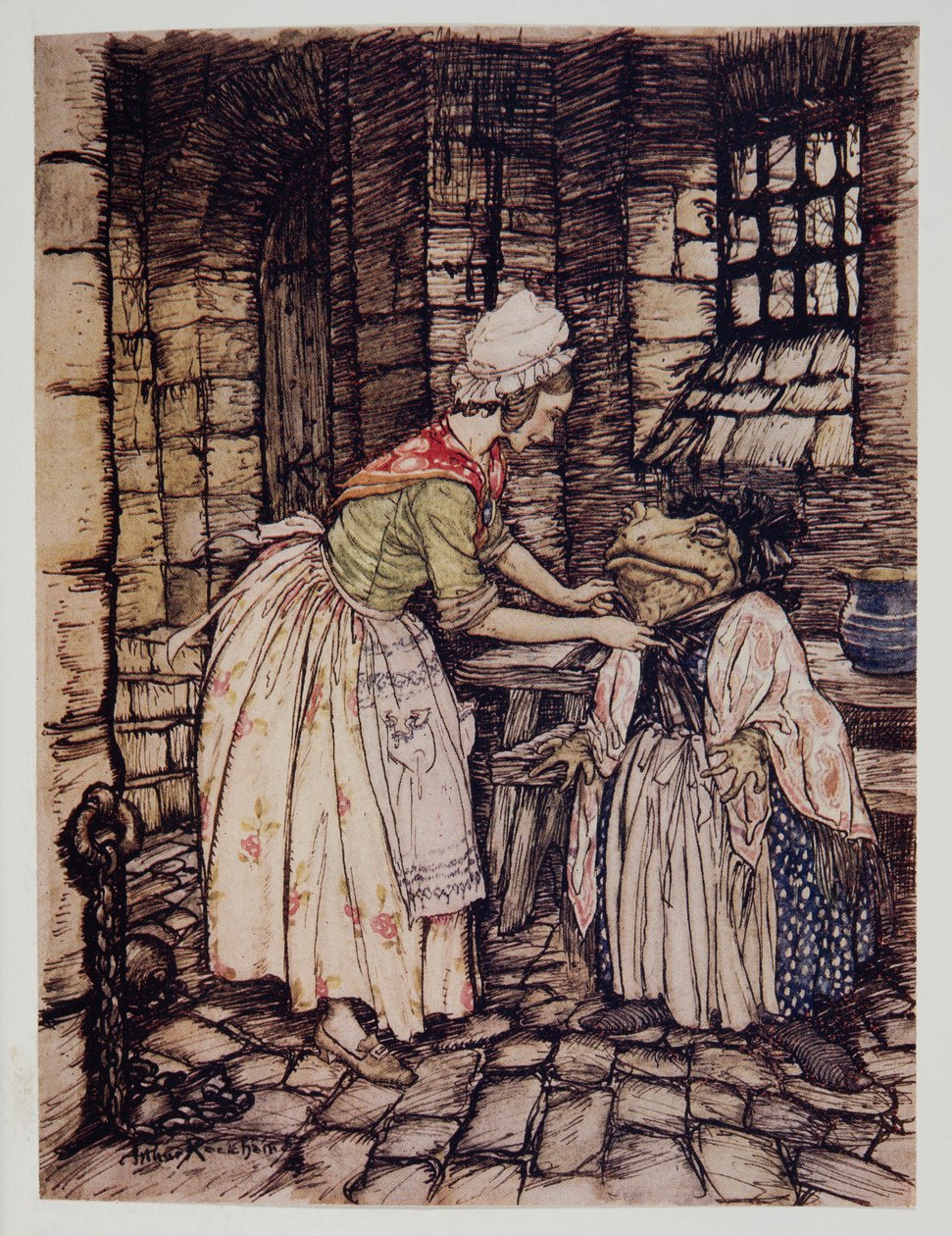 Hun ordnede sjalet med en progressiv foldning og bandt snorene til den rustne hue under hans hage, fra Wind in the Willows af Kenneth Grahame (1859 - 1932), pub. 1940 af Arthur Rackham