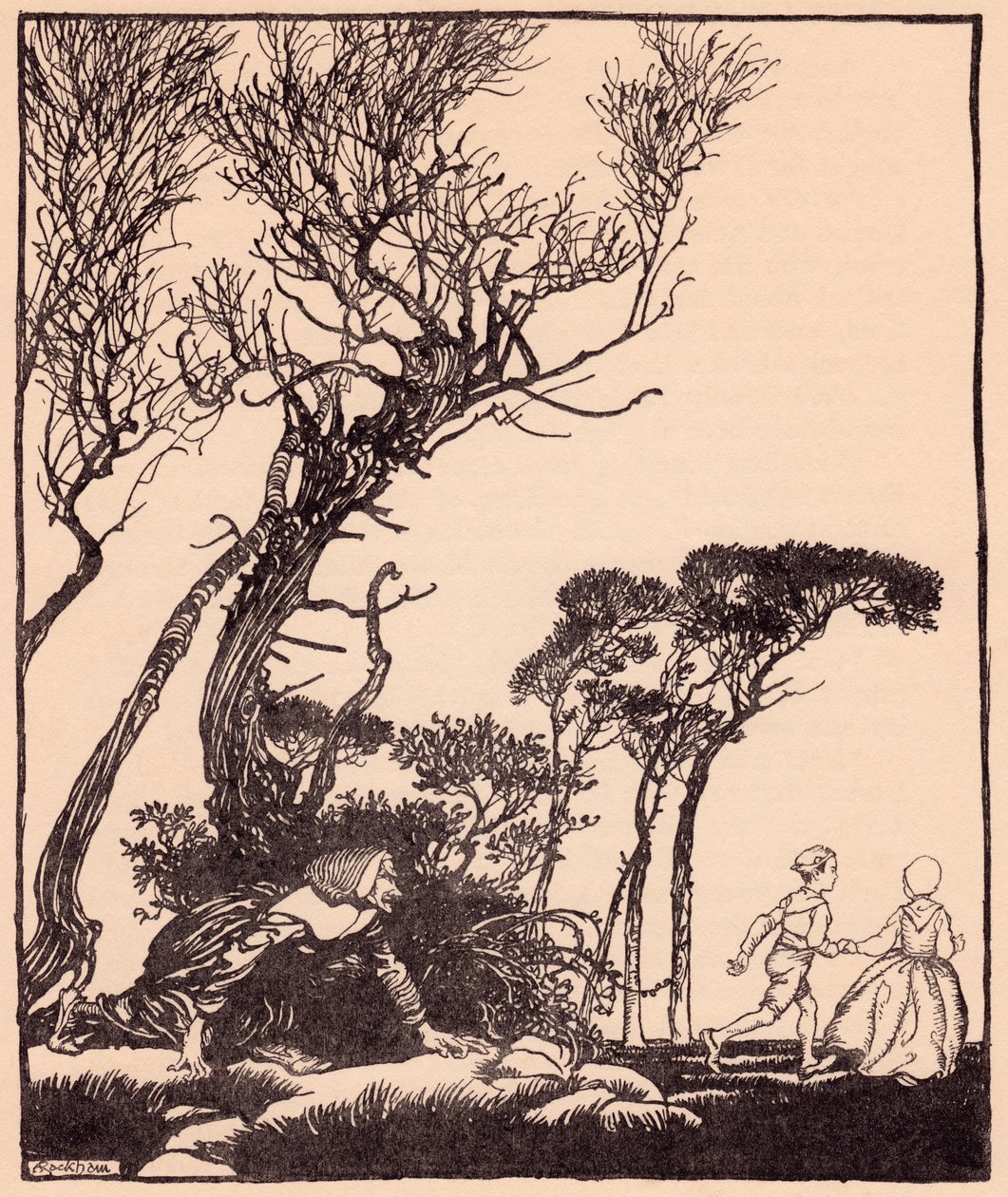 Hun sneg sig efter dem i hemmelighed, som hekse kryber. Illustration af Arthur Rackham fra Grimm