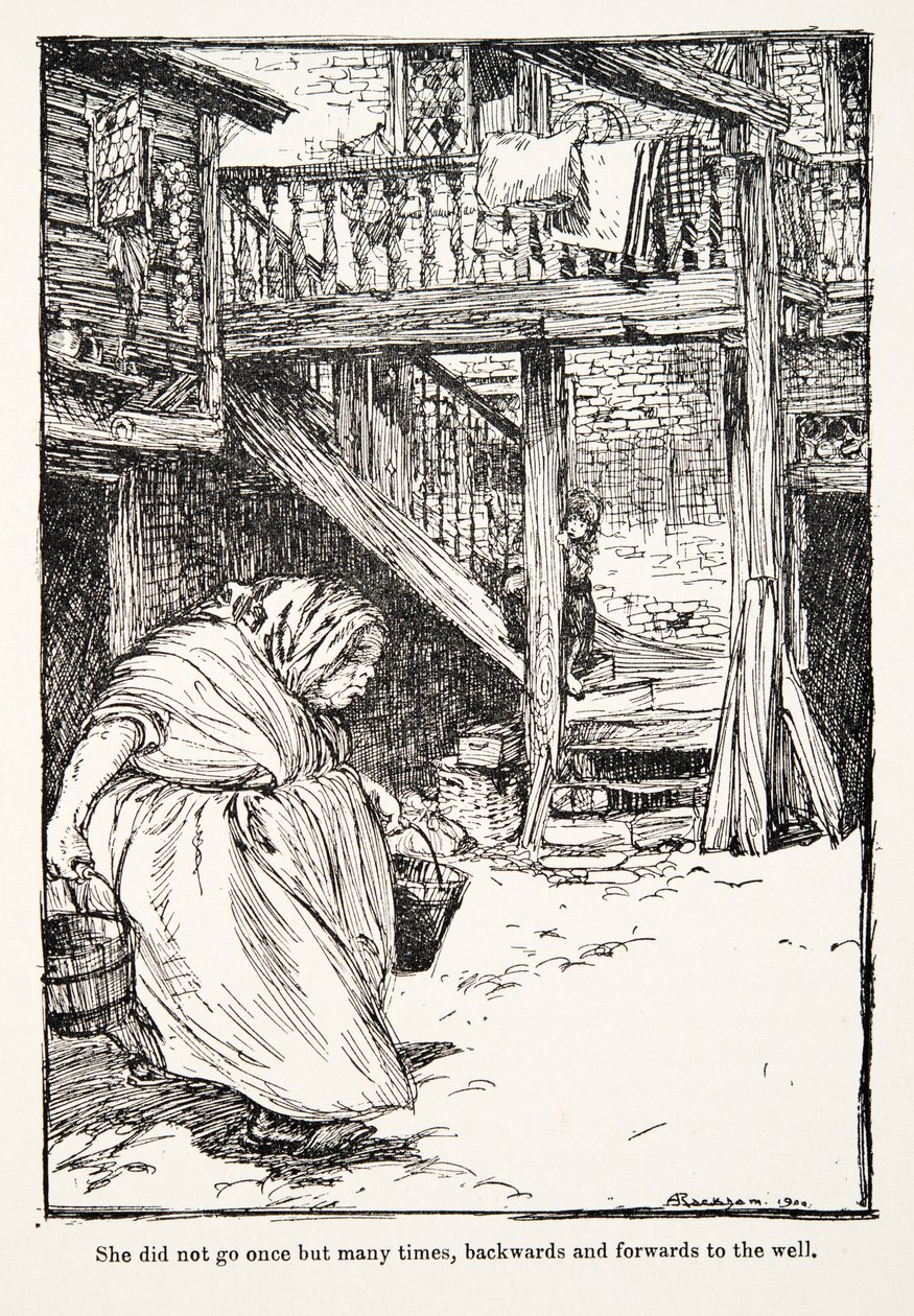 Hun gik ikke én gang, men mange gange, frem og tilbage til brønden, fra Brødrene Grimms eventyr, pub. 1909 af Arthur Rackham