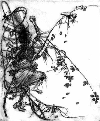 "Hun måtte danse, hvad enten hun ville eller ej", illustration fra "Sweetheart Roland", et eventyr af brødrene Grimm af Arthur Rackham