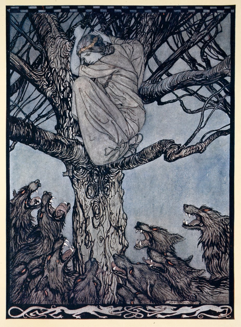 Hun så med vred ve på den anstrengende og snerrende horde nedenfor, illustration fra 