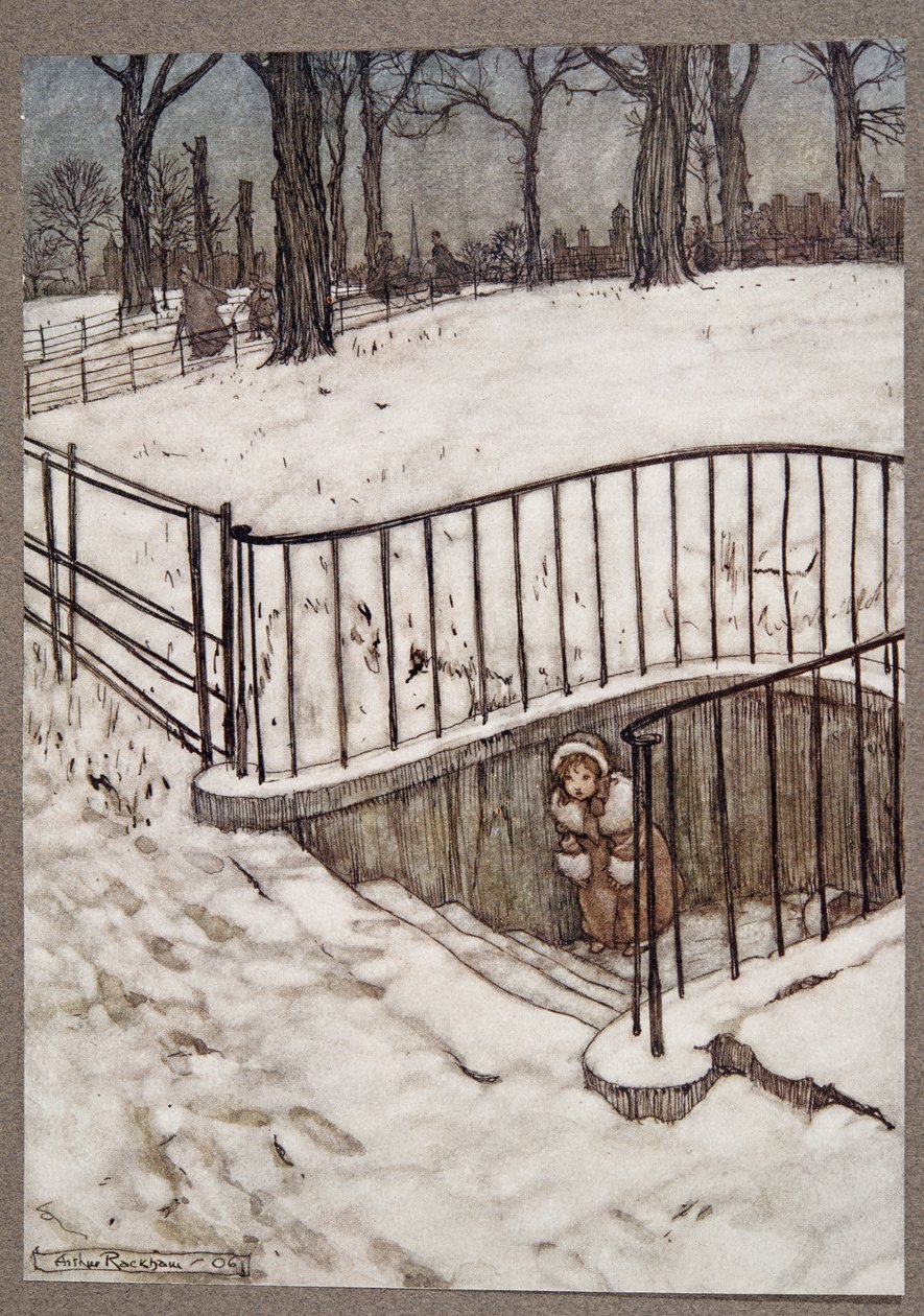 Hun løb godt til St Govers og gemte sig .. , fra Peter Pan i Kensington Gardens af J M Barrie (1860 - 1937), pub. 1906 af Arthur Rackham