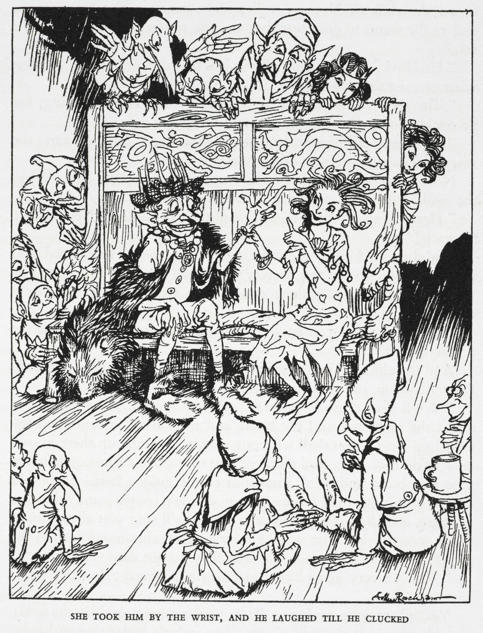 "Hun tog ham i håndleddet, og han lo, indtil han klukkede". Elfinpiger og nisser. Illustration til 