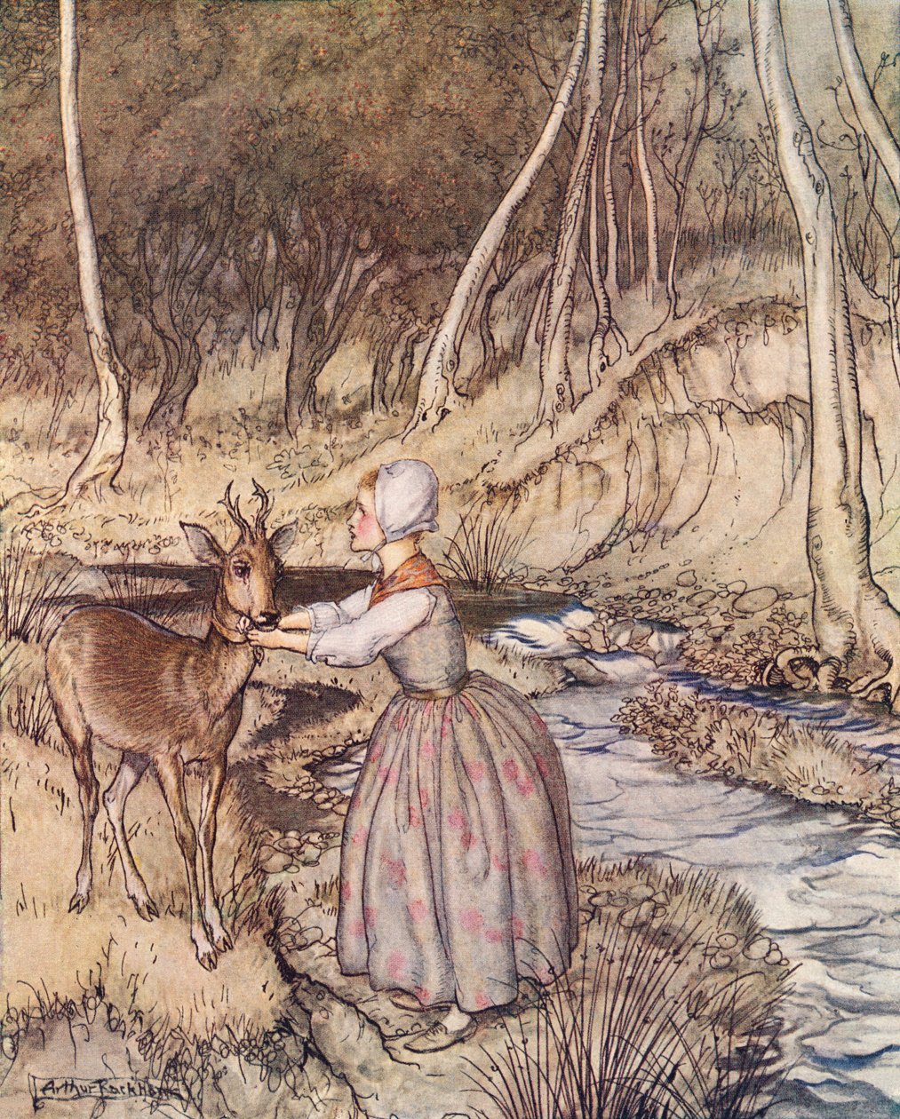 Hun tog sit gyldne strømpebånd af og lagde det om rognbukkens hals. Illustration af Arthur Rackham fra Grimms eventyr, lillebror og lillesøster, udgivet i slutningen af det 19. århundrede. af Arthur Rackham