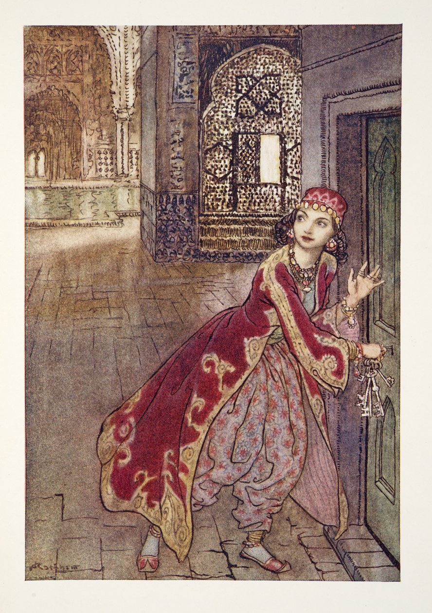 Hun tog så den lille nøgle og åbnede døren skælvende fra The Arthur Rackham Fairy Book, pub. 1933 af Arthur Rackham