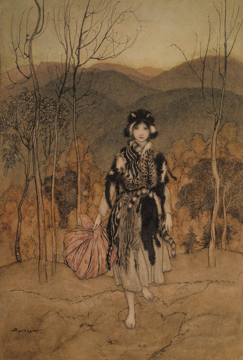 Hun gik med, og gik med, og gik med klædt i katteskind, illustration fra engelske eventyr genfortalt af F.A. Steel, udgivet 1918 (pen og blæk & wc på papir) af Arthur Rackham