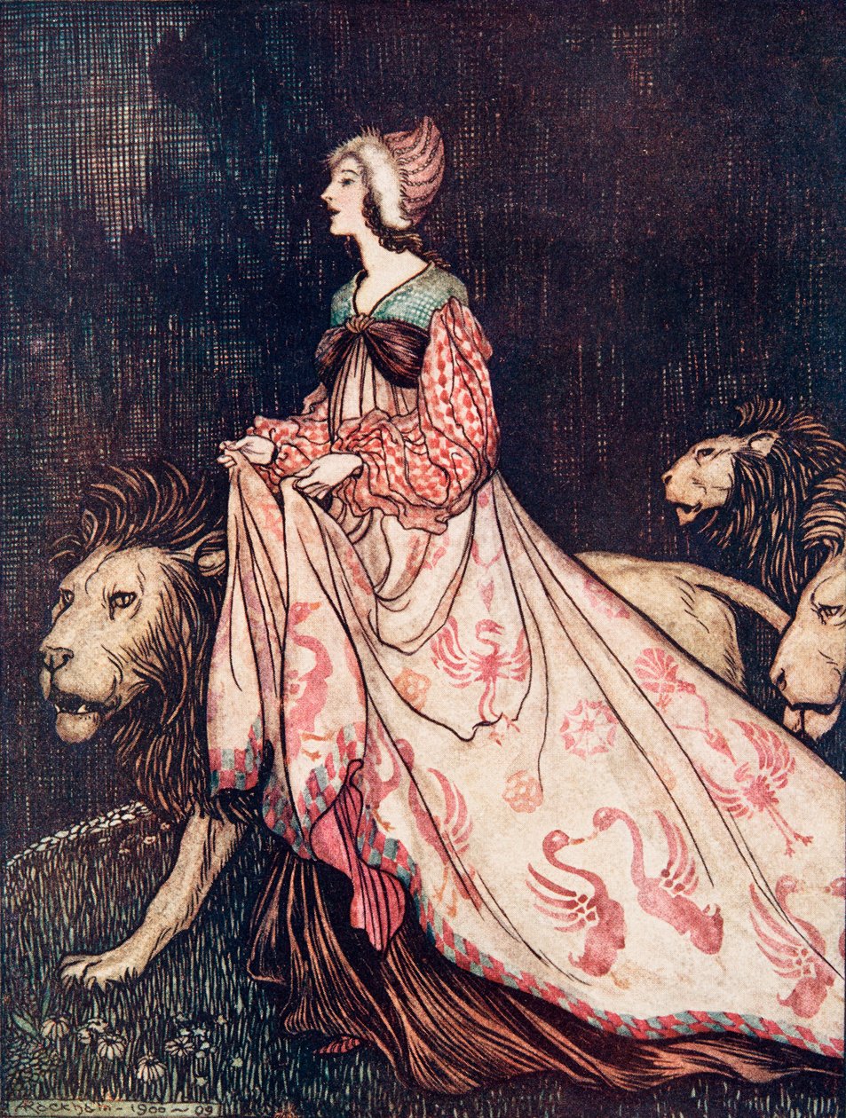 Hun gik væk ledsaget af løverne fra The Fairy Tales of the Brothers Grimm, pub. 1909 af Arthur Rackham