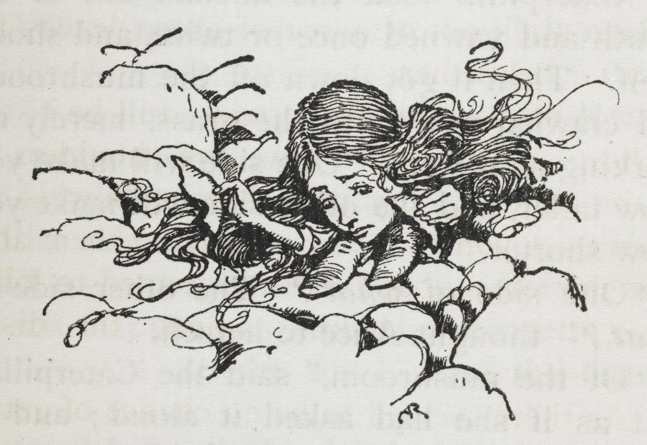 Krympet Alice efter at have spist noget af larvens svampe af Arthur Rackham