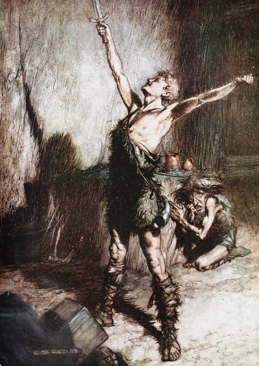 Siegfried smeder sit sværd. Illustration til Siegfried og The Twilight of the Gods af Richard Wag af Arthur Rackham