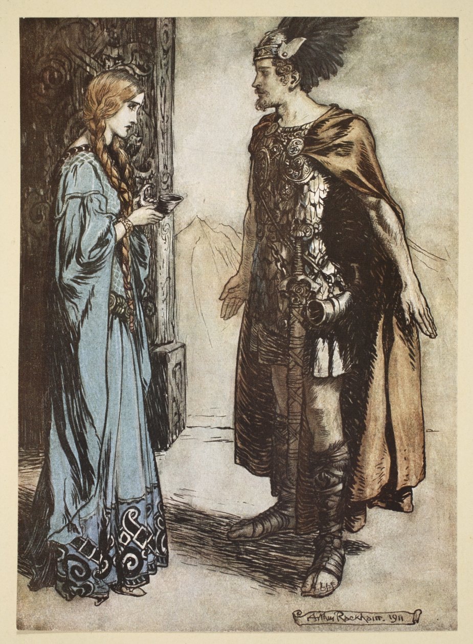 Siegfried rækker drikkehornet tilbage til Gutrune og stirrer på hende med pludselig lidenskab, illustration fra 