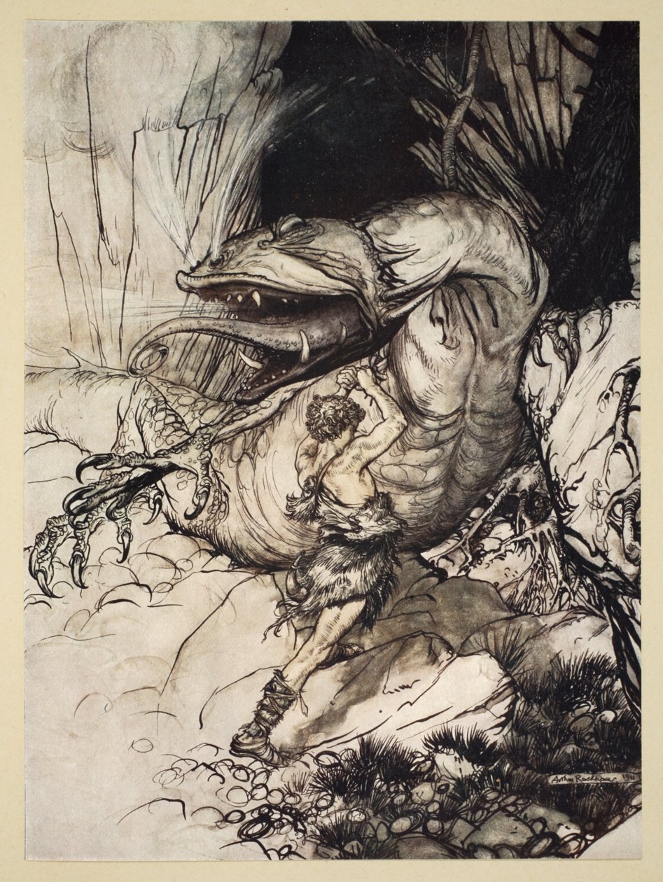 Siegfried dræber Fafner, illustration fra 