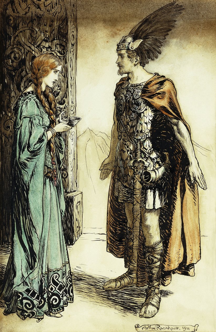 Siegfried møder Gutrune: The Twilight of the Gods, 1911 af Arthur Rackham
