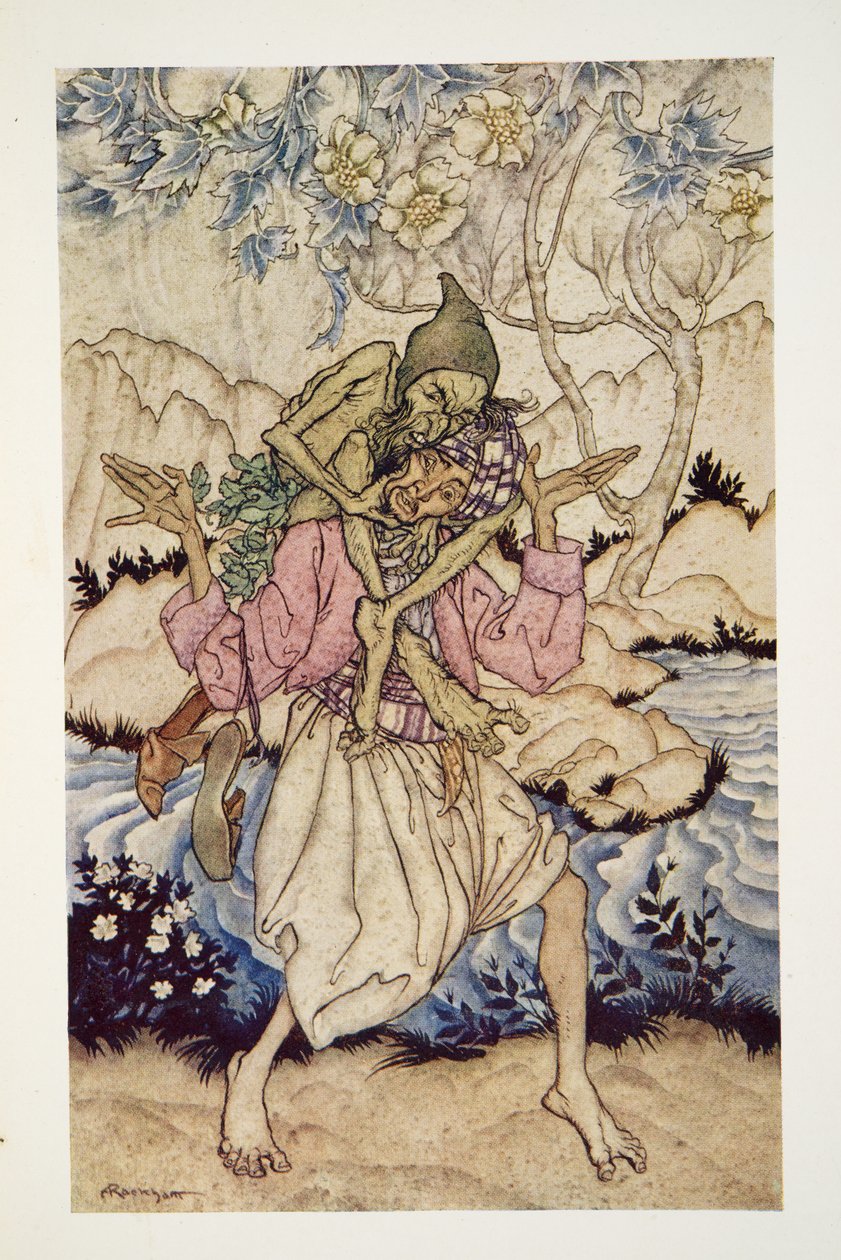 Sinbad bar The Old Man of the Sea på sine skuldre, fra The Arthur Rackham Fairy Book, pub. 1933 af Arthur Rackham