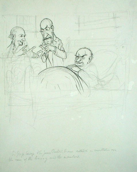 Sir George Savage og Sir James Crichton Browne (1840-1937) indkaldte i samråd om sagen om BXXXY og medlemmerne (pen og blæk og blyant på papir) af Arthur Rackham