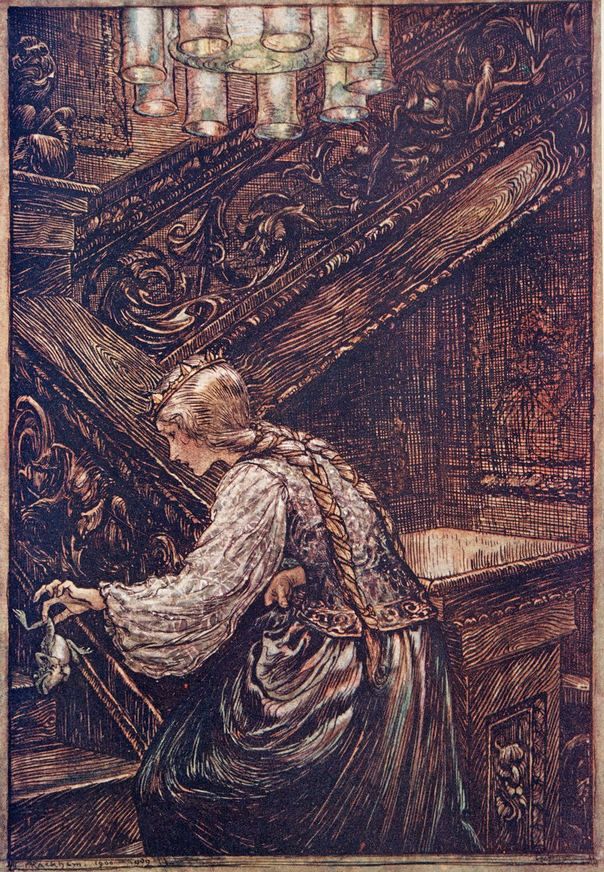 Så hun greb ham med to fingre og bar ham ovenpå .., fra Brødrene Grimms eventyr, pub. 1909 af Arthur Rackham