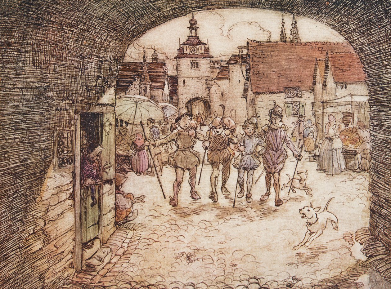 Så tog de fire brødre deres stokke i hånden, sagde farvel til deres far og gik ud af byporten, fra The Fairy Tales of the Brothers Grimm, pub. 1909 af Arthur Rackham