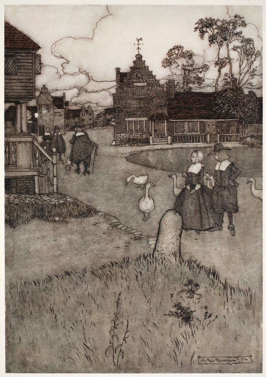 Nogle af de oprindelige bosætteres huse., fra Rip Van Winkle af Washington Irving, pub. 1910 af Arthur Rackham