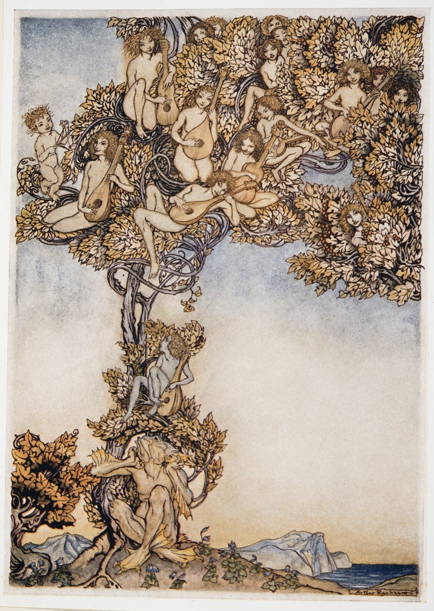 Nogle gange vil tusindvis af snurrende instrumenter nynne om mine ører, illustration fra William Shakespeares The Tempest, pub. 1926 af Arthur Rackham