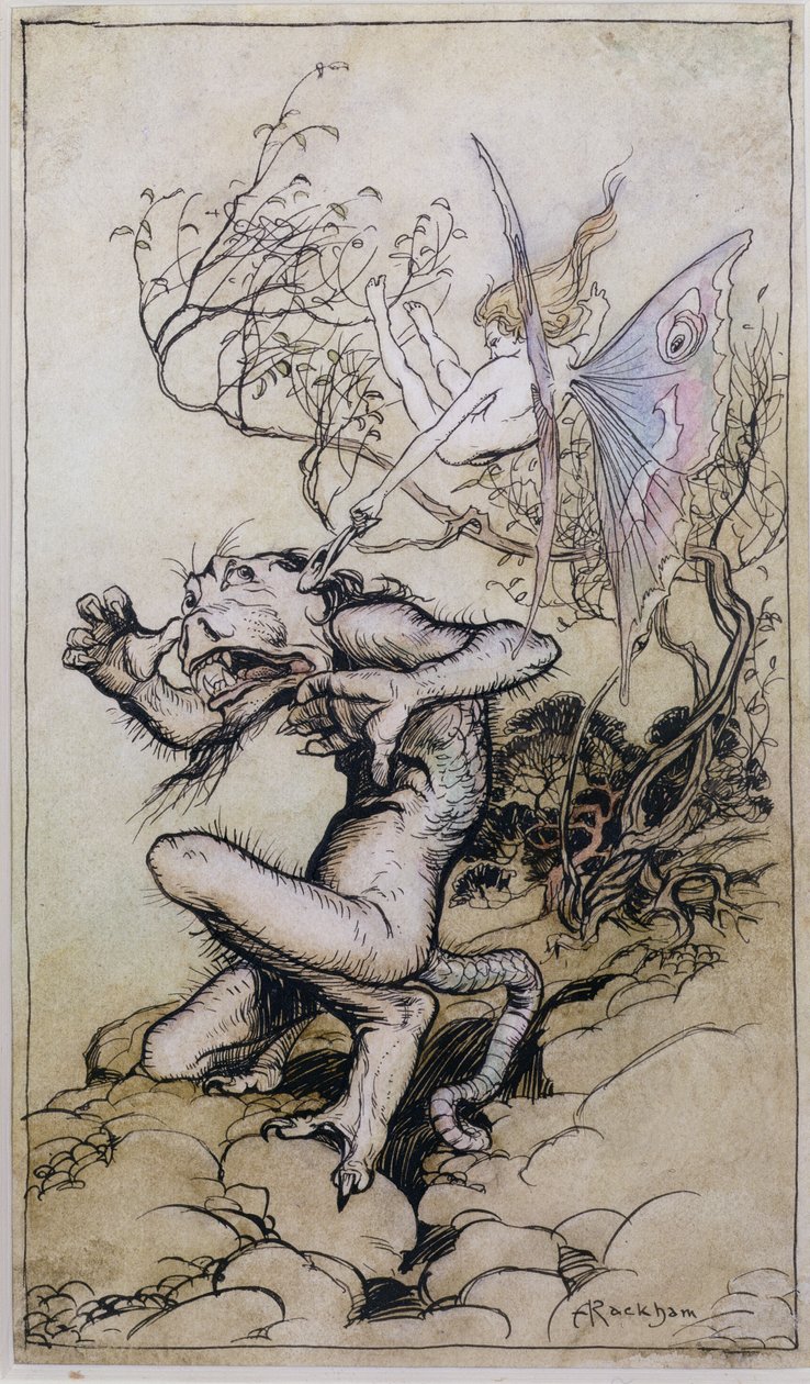 Sprite and Monster, en illustration fra Tales from Shakespeare af Charles (1775-1834) og Mary Lamb (1764-1847) 1909 (pen og blæk, wc) af Arthur Rackham