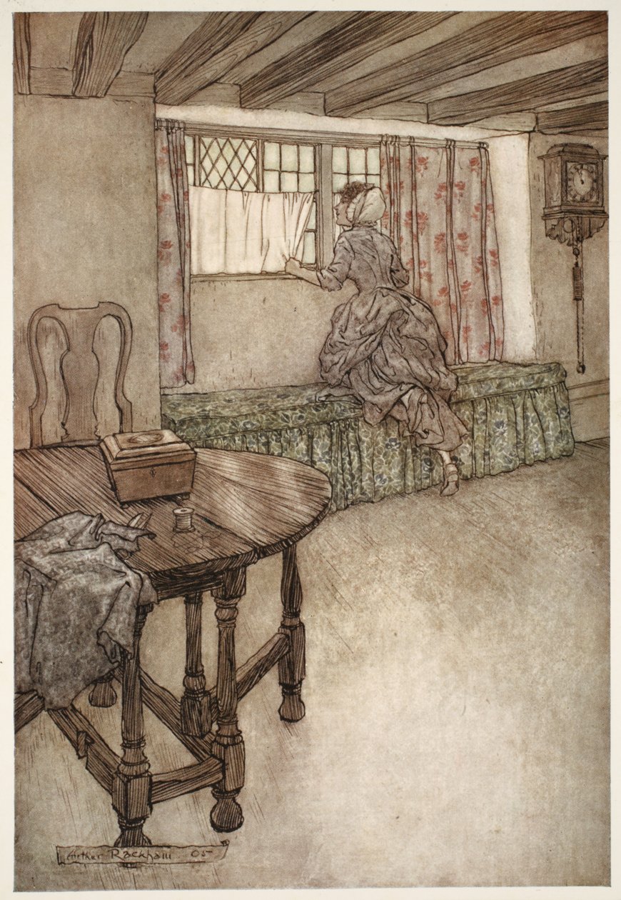 Mærkelige navne var over dørene - mærkelige ansigter ved vinduerne - alt var mærkeligt., fra Rip Van Winkle af Washington Irving, pub. 1910 af Arthur Rackham