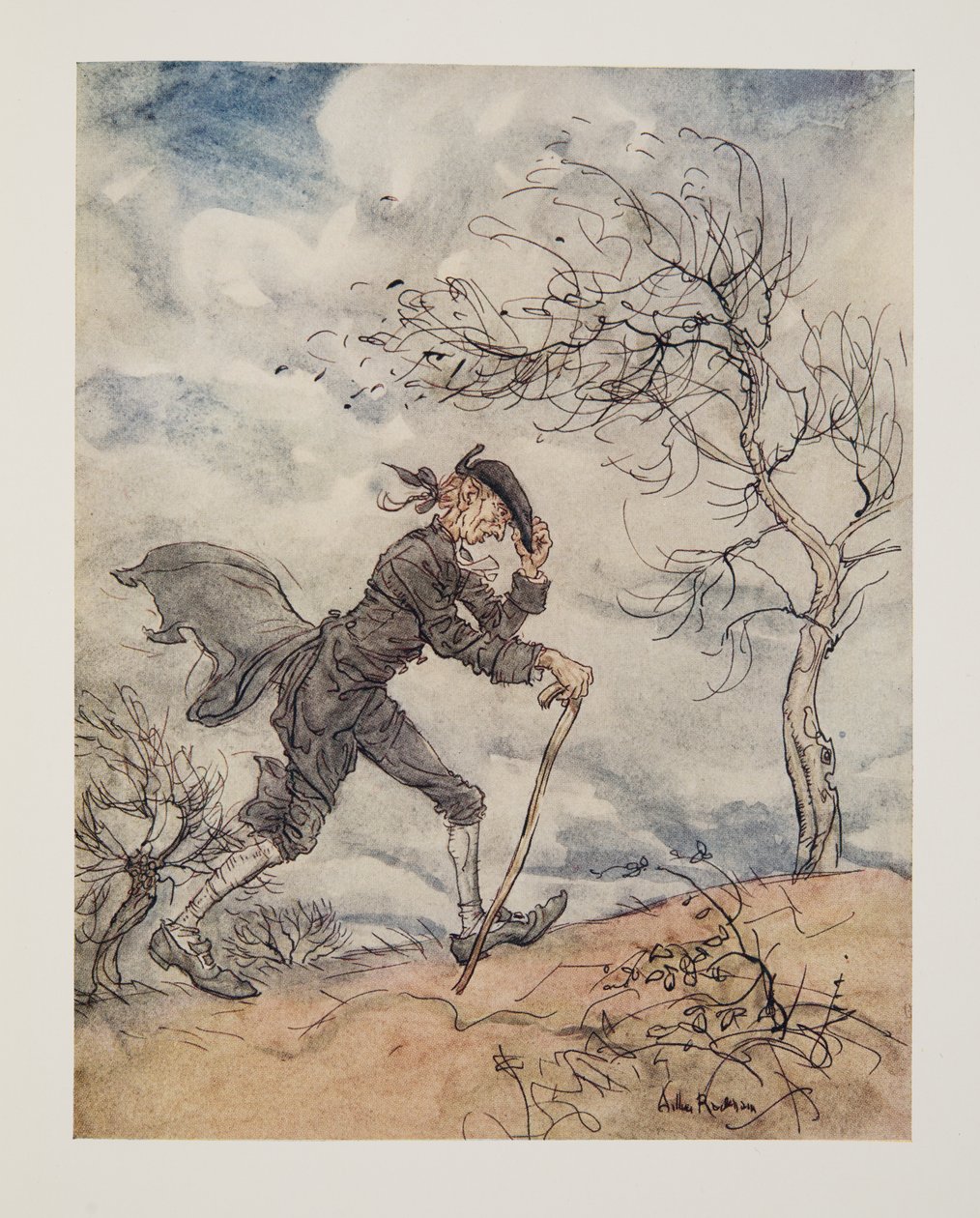 Stridende langs profilen af en bakke på en blæsende dag.. fra The Legend of Sleepy Hollow af Washington Irving (1783 - 1859), pub. 1928 af Arthur Rackham