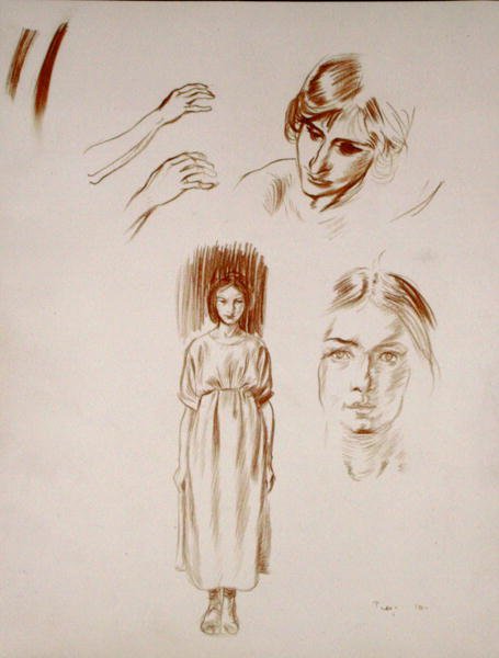Studier af en kvinde, af ansigter og af hænder (sangvinsk på papir) af Arthur Rackham