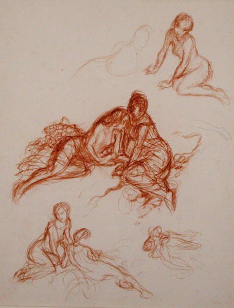 Undersøgelser af piger, der sidder på græsset (sangvinsk på papir) af Arthur Rackham