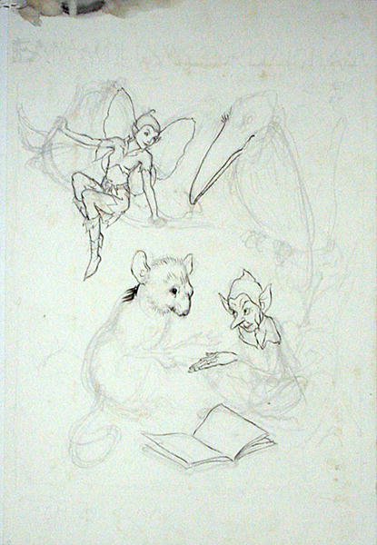 Studie til Emma Williams Burlinghams bogplade (pen, blæk og akvarel på papir) af Arthur Rackham