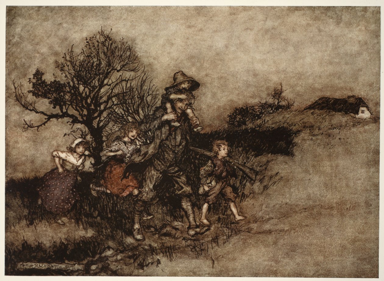 Omgivet af en flok børn., fra Rip Van Winkle af Washington Irving, pub. 1910 af Arthur Rackham