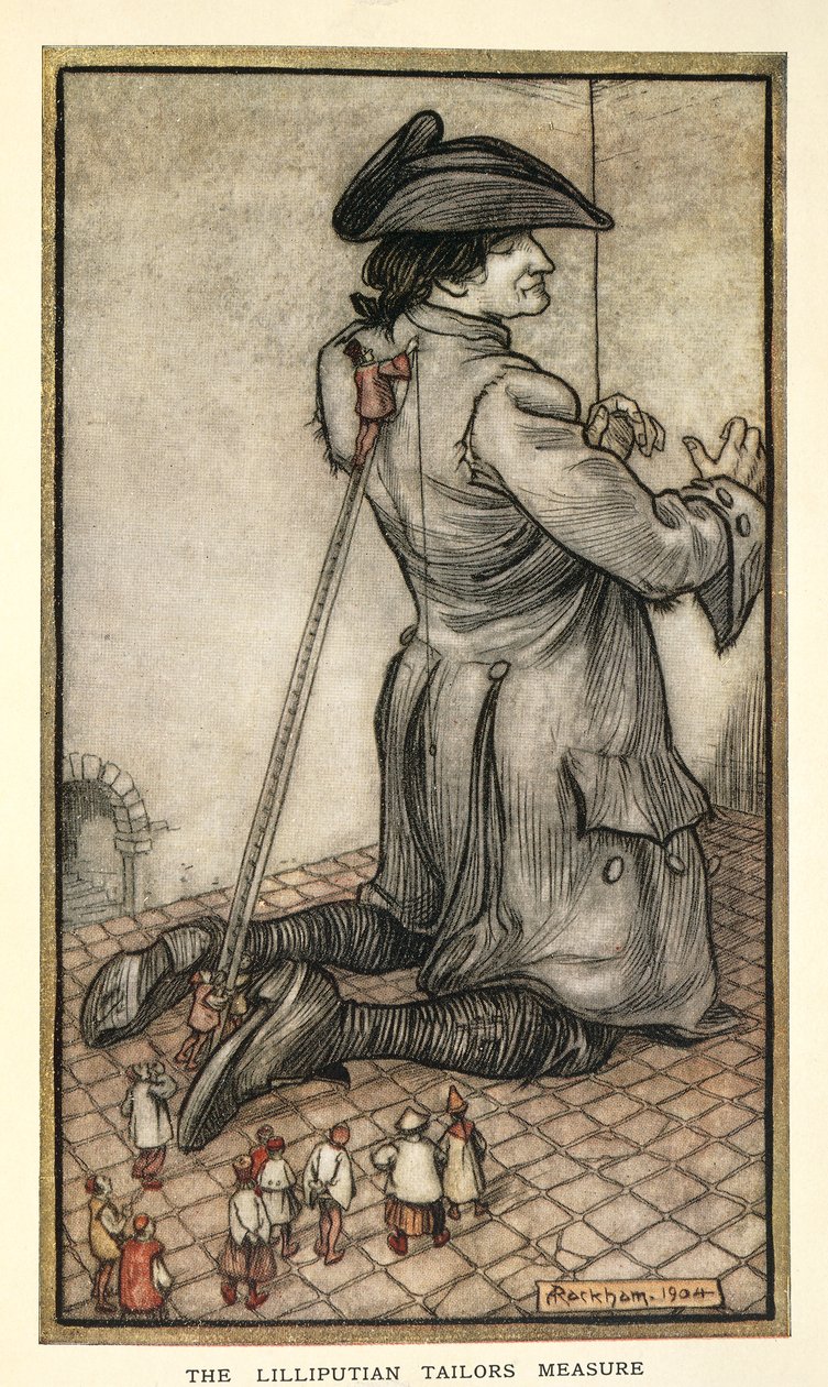 Tailors of Lilliput, der måler Gulliver, illustration fra Gulliver
