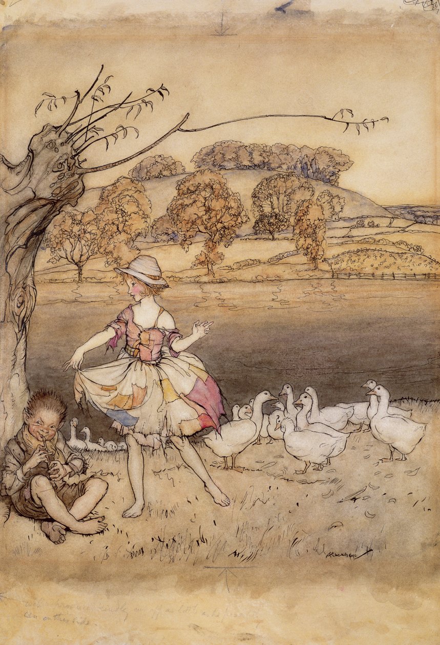 Tattercoats danser mens gåsehyrden piber, illustration fra English Fairy Tales, genfortalt af F.A. Steel, udgivet 1918 (pen og blæk & wc på papir) af Arthur Rackham